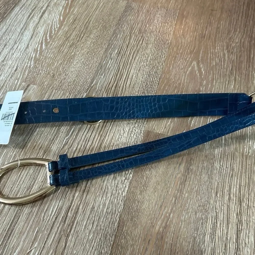 Anthropologie Navy Croc Embossed Adjustable Hip Ring Belt Gold Buckle NWT XS/S